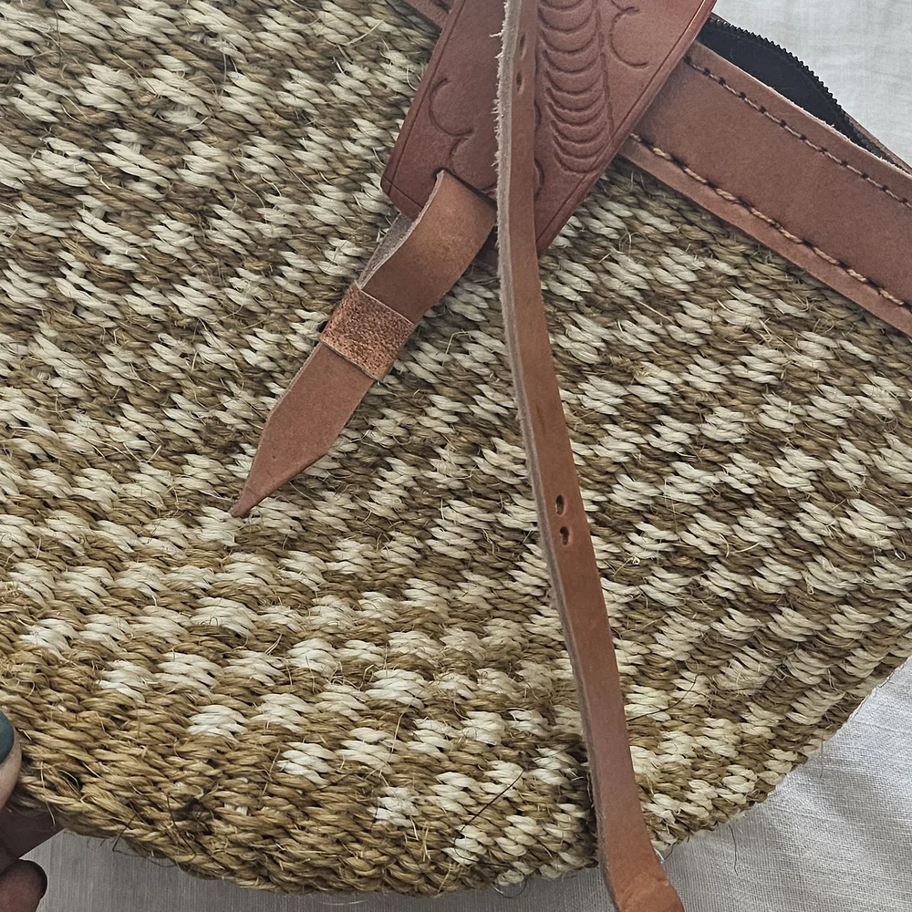 Woven Straw Crossbody Bag with Tan Leather Trim - Picture 2 of 4